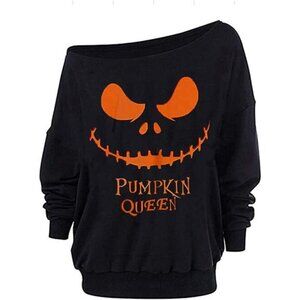 Women's Off-Shoulder Halloween Sweatshirt with a cute Jack-o'-Lantern design